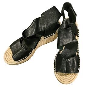 Eileen Fisher Black Leather Espadrille Platform Sandals Size 7.5